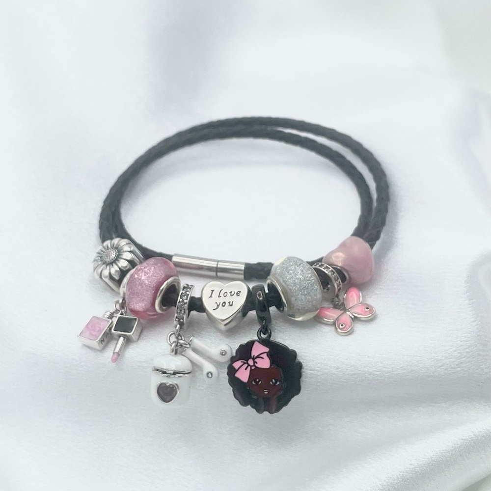 Linx Double Black Leather Braided Cord Bracelet with Pink Themed Charms